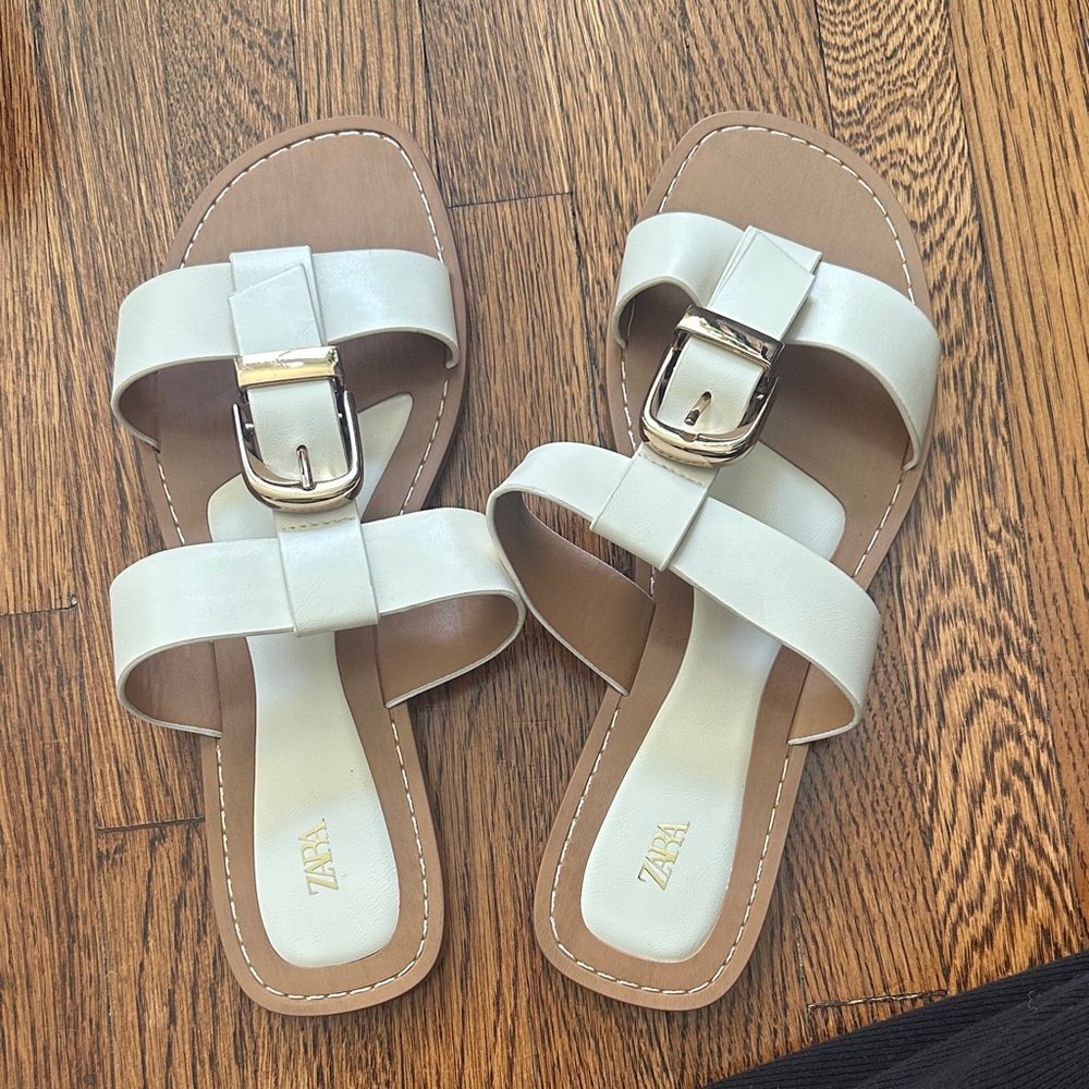 Zara Women's White Sandals with Silver Buckle